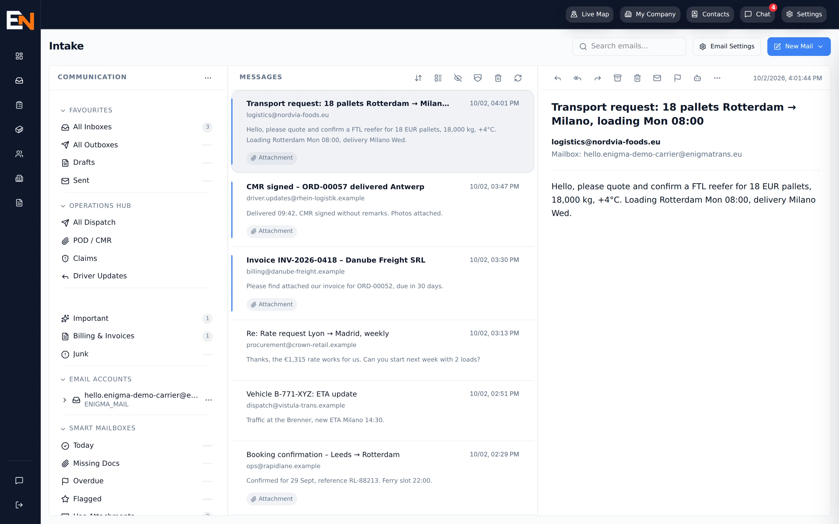Intake — Transportanfragen, CMRs und Rechnungen in einem Postfach